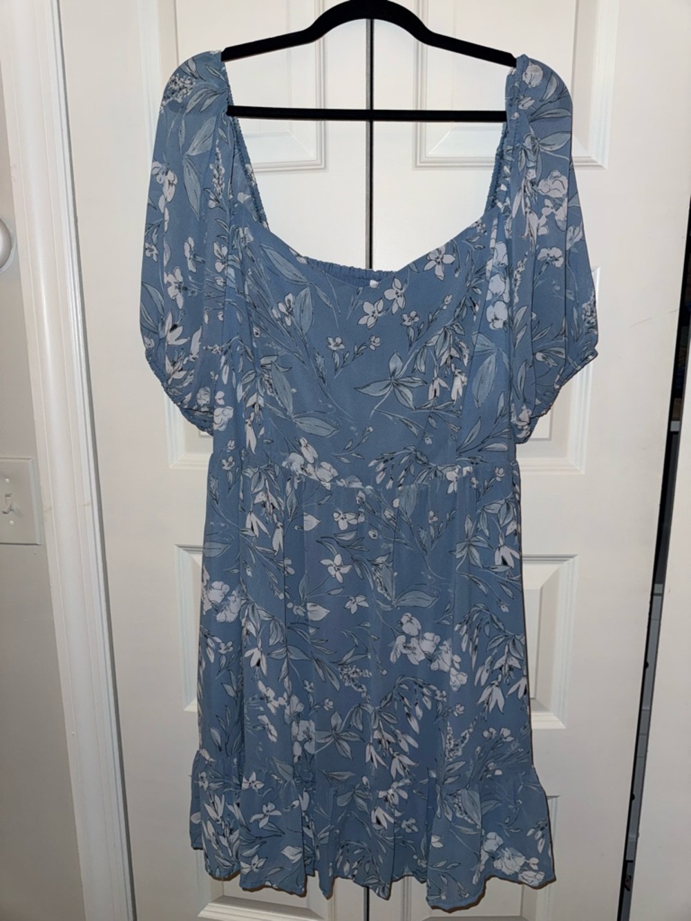 Blue Floral Puff-Sleeve Mini Dress